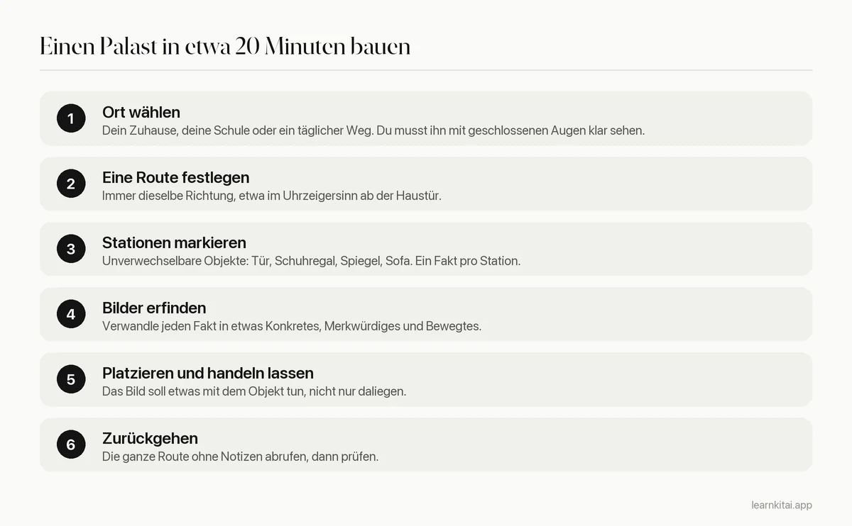 Sechs Schritte zum Bau eines Gedächtnispalasts: Ort wählen, Route festlegen, Stationen nummerieren, Bilder erfinden, platzieren, zurückgehen