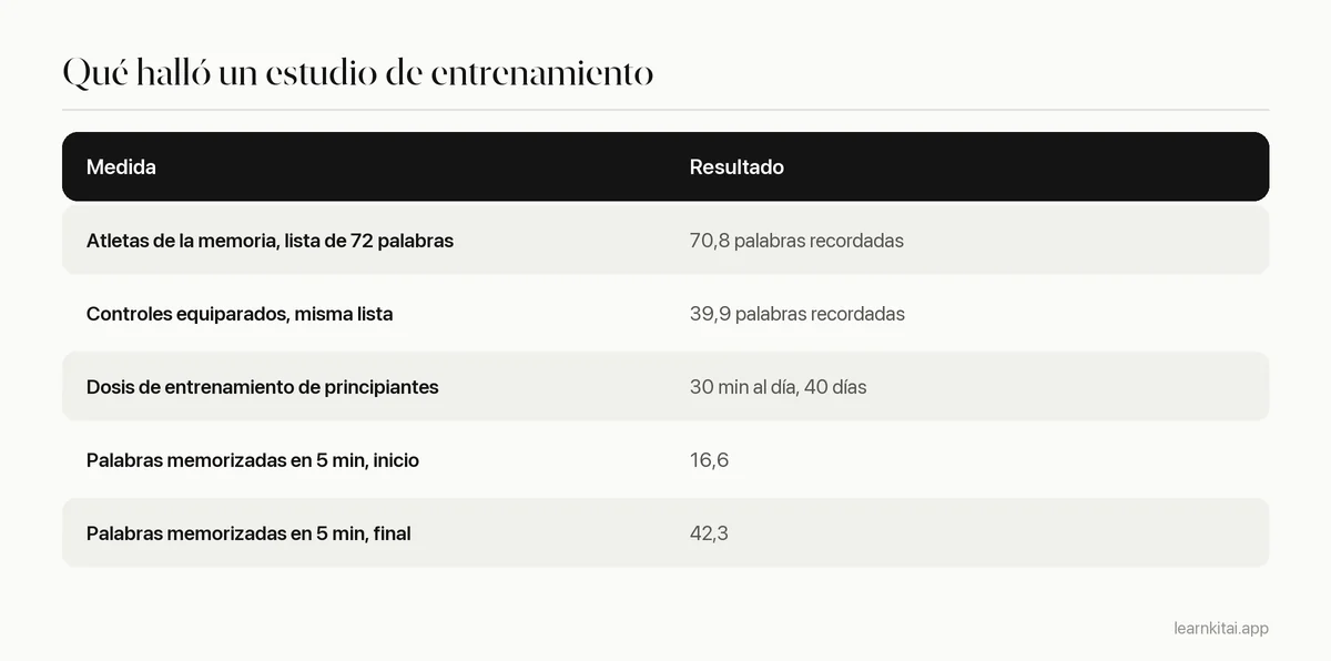 Tabla que resume el estudio de Dresler de 2017: atletas frente a controles, dosis de entrenamiento y palabras antes y después del entrenamiento