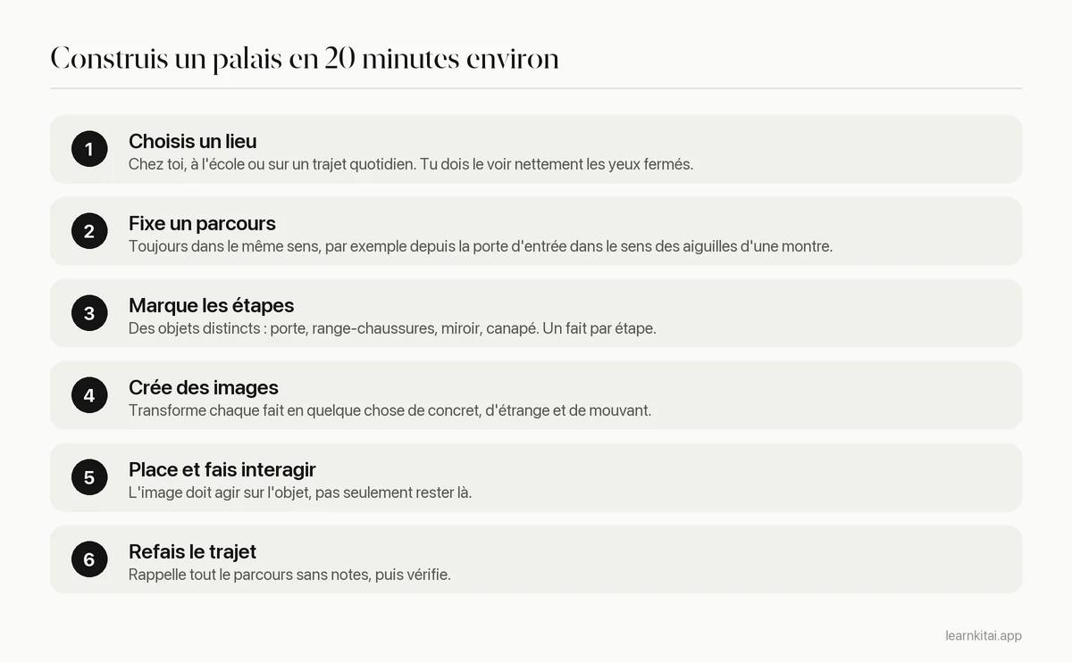 Six étapes pour construire un palais mental : choisir un lieu, fixer un parcours, numéroter les étapes, créer des images, les placer, refaire le trajet