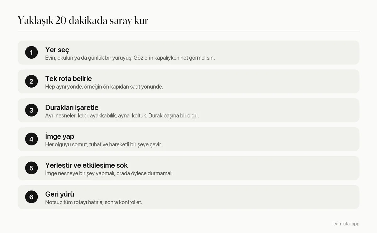 Hafıza sarayı kurmanın altı adımı: yer seç, rota belirle, durakları numarala, imge yap, yerleştir, geri yürü
