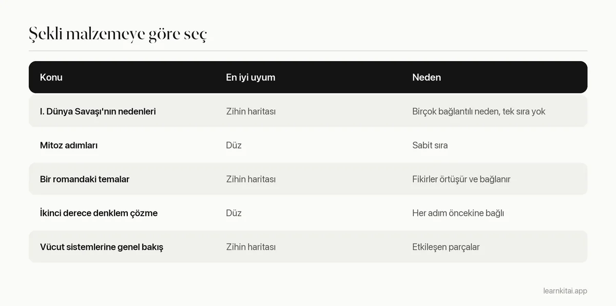 Yaygın çalışma konularını zihin haritalarına ya da düz notlara eşleyen karar tablosu