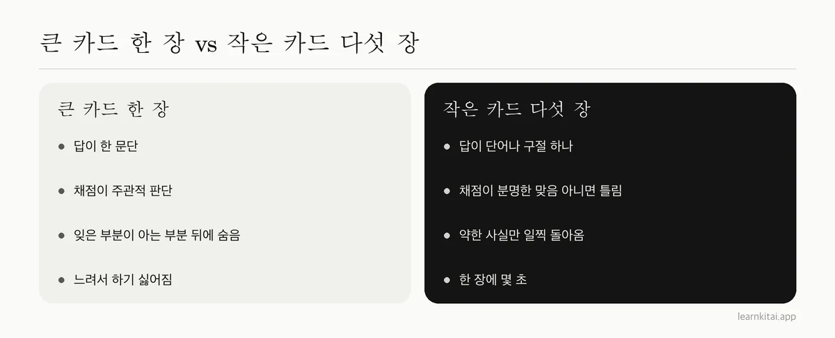 지나치게 큰 플래시카드 한 장과 작은 카드 여러 장의 채점 및 복습 차이를 비교한 표
