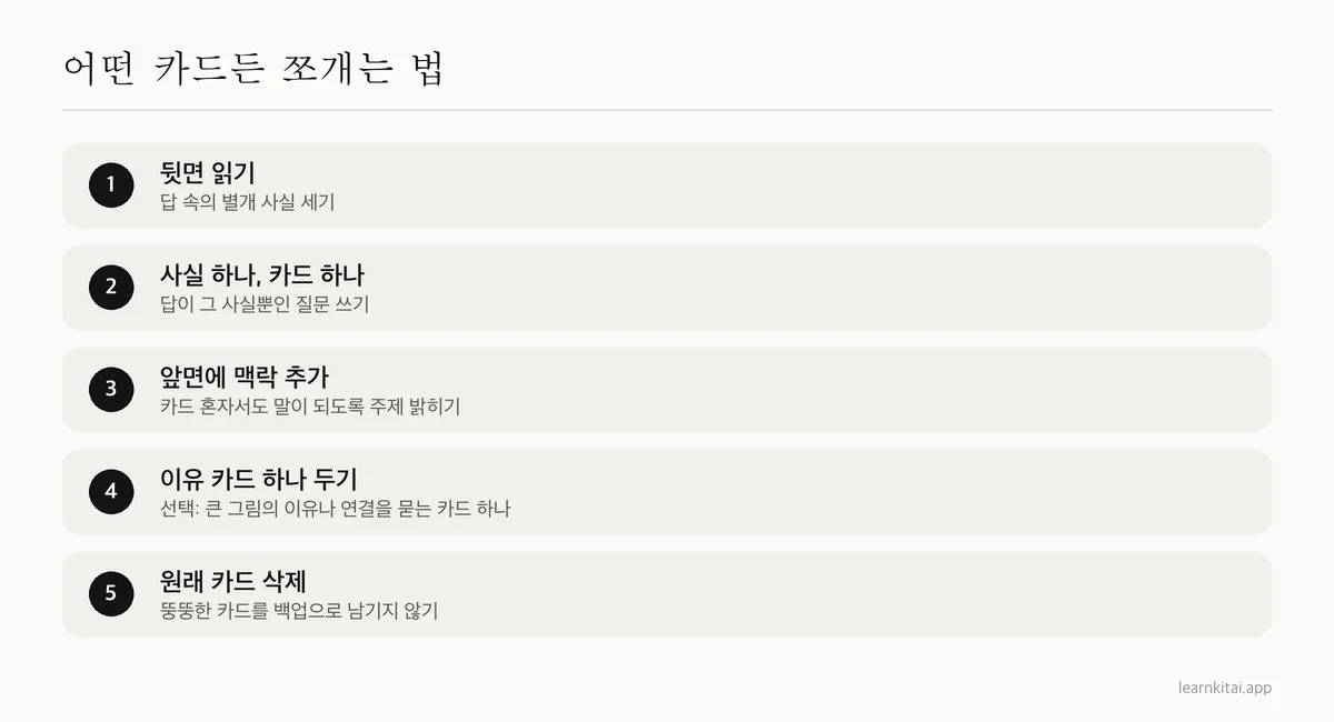 지나치게 큰 플래시카드를 최소 정보 카드로 쪼개는 단계