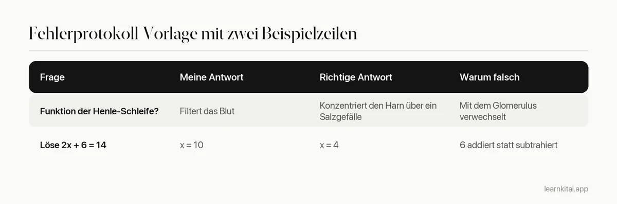 Vorlage eines Fehlerprotokolls als Tabelle mit Spalten für Frage, deine Antwort, richtige Antwort und Grund des Fehlers, mit zwei Beispielzeilen
