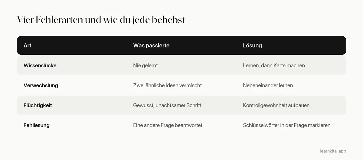 Vier Fehlerarten mit kurzer Beschreibung und Lösung für jede: Wissenslücke, Verwechslung, Flüchtigkeitsfehler, Fehllesung