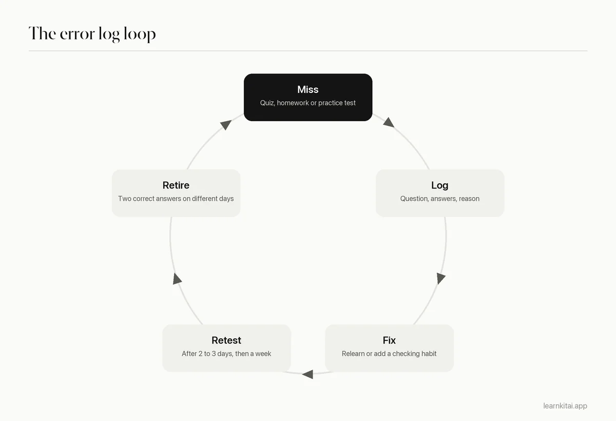 Cycle of five stages: miss a question, log it with a reason, fix the cause, retest after a gap, retire after two correct answers