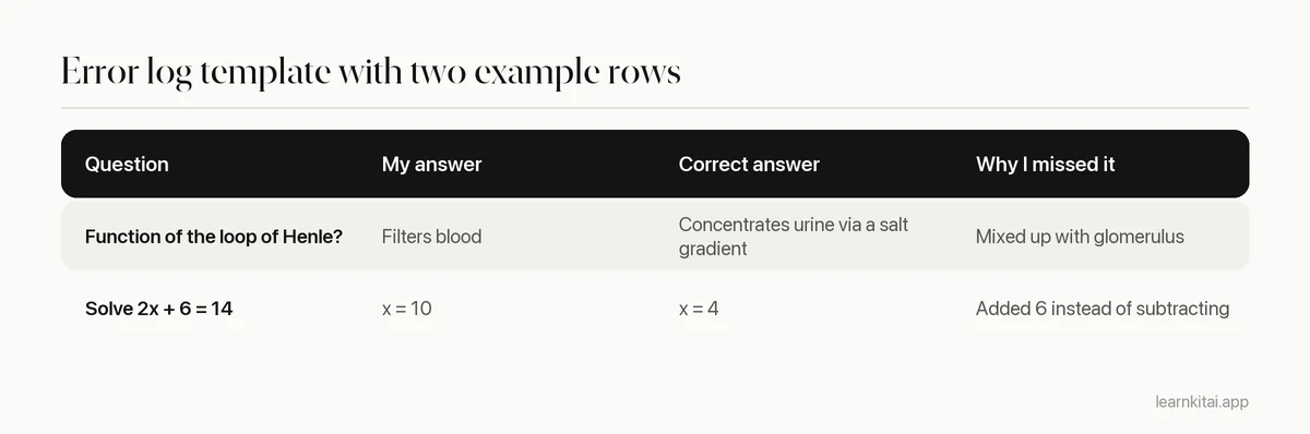 Error log template table with columns for the question, your answer, the correct answer and the reason it was missed, with two example rows