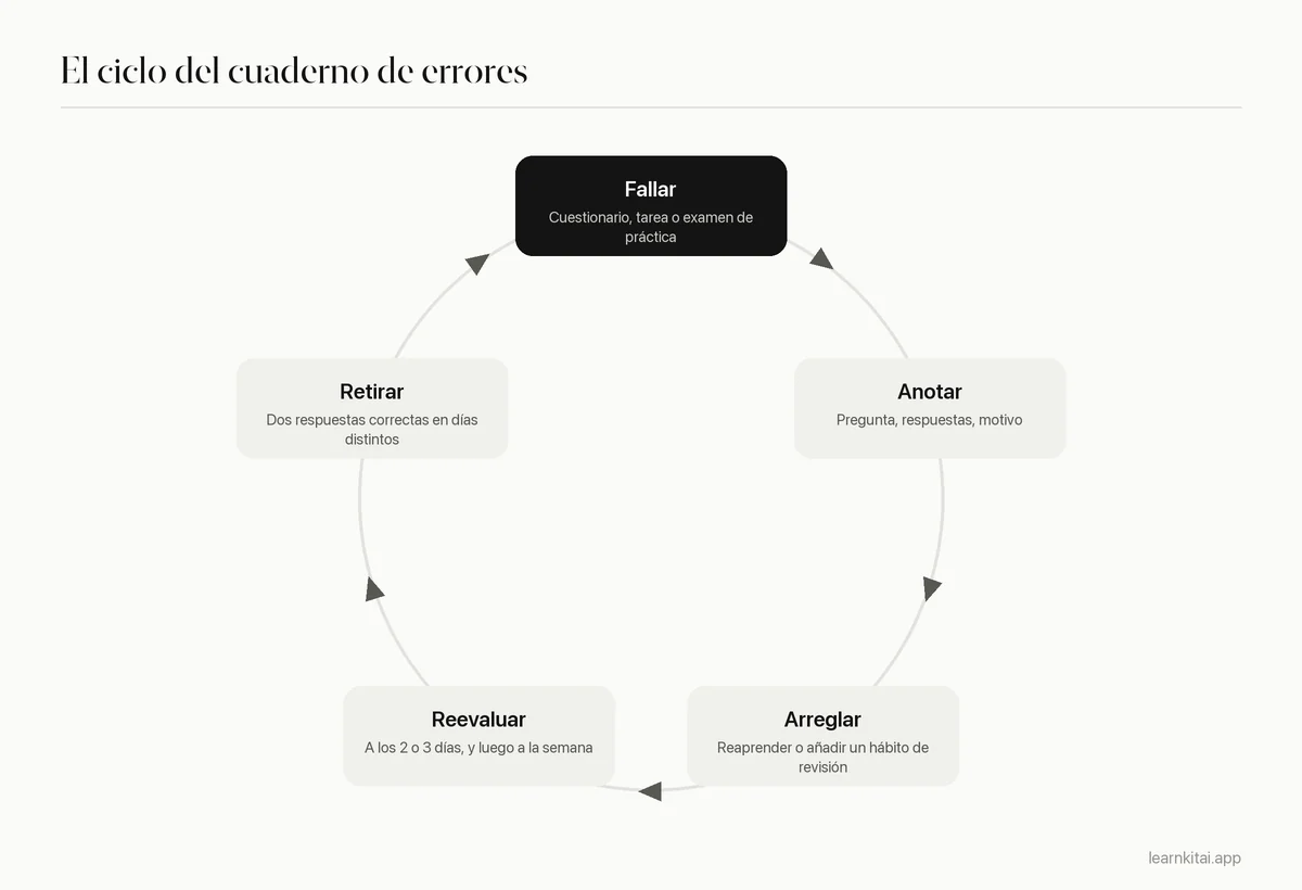 Ciclo de cinco etapas: fallar una pregunta, anotarla con un motivo, arreglar la causa, volver a evaluar tras un intervalo y retirarla tras dos respuestas correctas