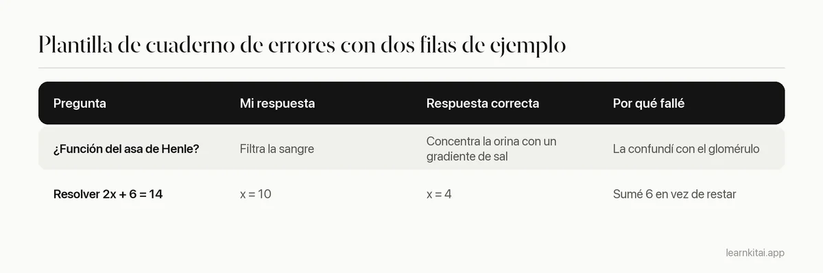 Tabla de plantilla de cuaderno de errores con columnas para la pregunta, tu respuesta, la respuesta correcta y el motivo del fallo, con dos filas de ejemplo