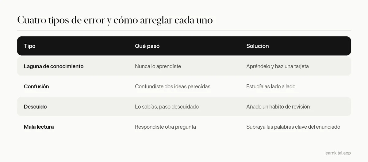 Cuatro tipos de error con una descripción breve y la solución de cada uno: laguna de conocimiento, confusión, descuido, mala lectura