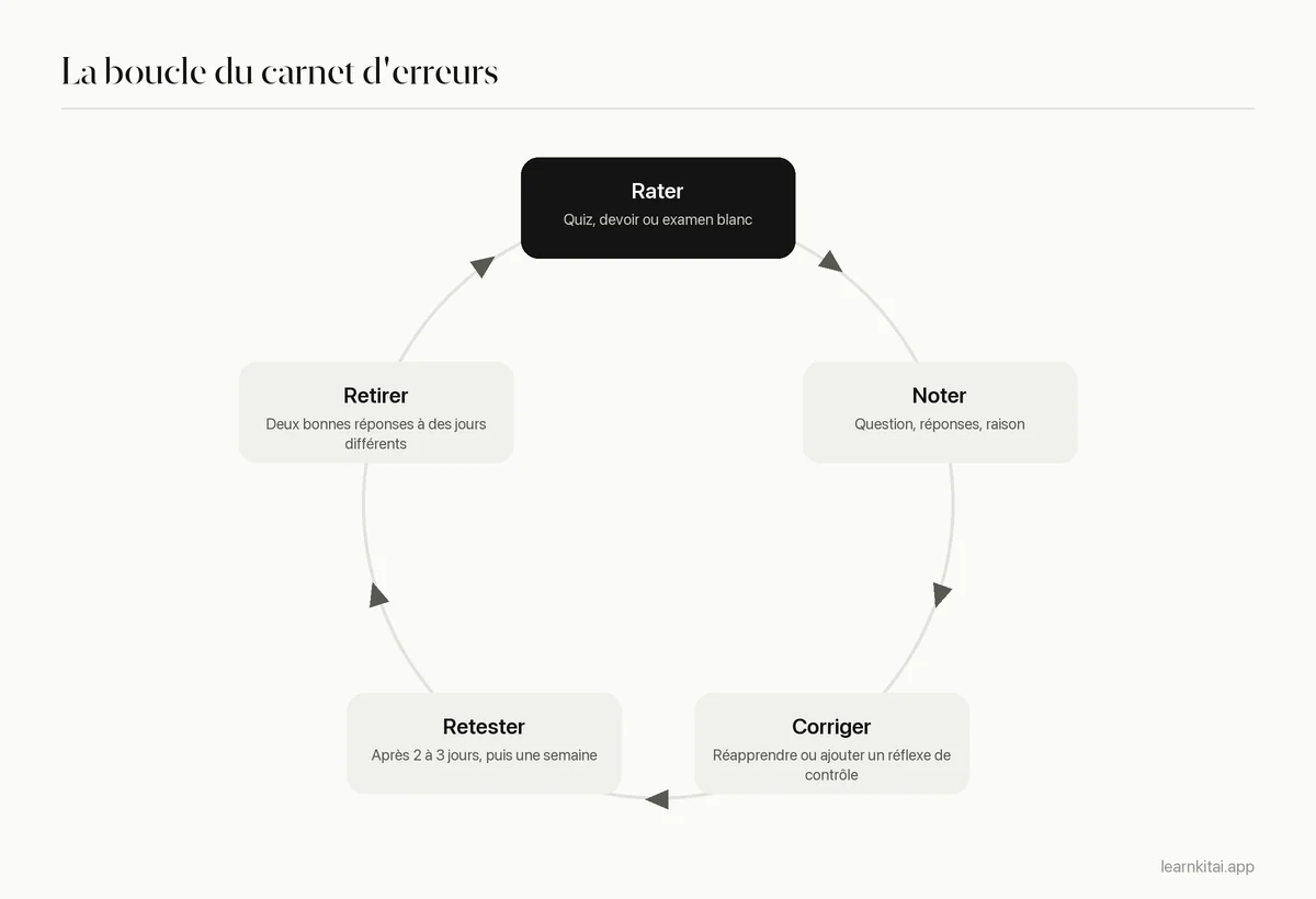Cycle en cinq étapes : rater une question, la noter avec sa raison, corriger la cause, retester après un délai, retirer après deux bonnes réponses