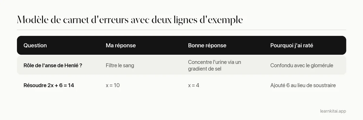 Tableau modèle de carnet d'erreurs avec des colonnes pour la question, ta réponse, la bonne réponse et la raison de l'erreur, avec deux lignes d'exemple