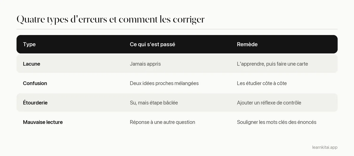 Quatre types d'erreurs avec une courte description et le remède de chacun : lacune, confusion, étourderie, mauvaise lecture