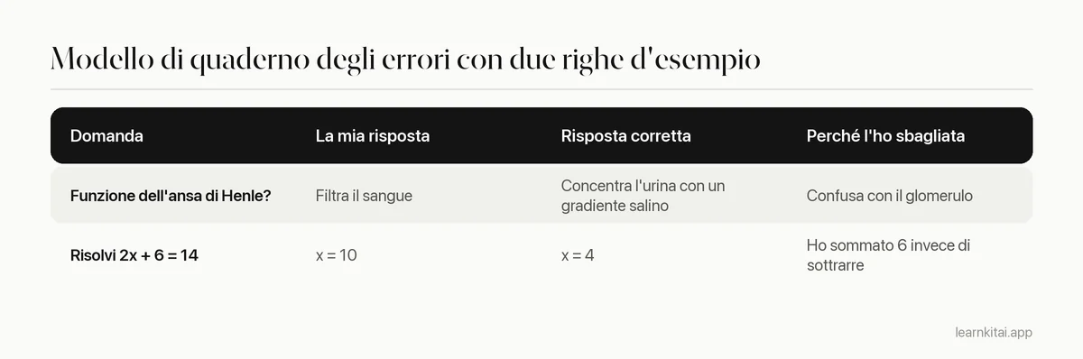Tabella modello del quaderno degli errori con colonne per la domanda, la tua risposta, la risposta corretta e il motivo dell'errore, con due righe d'esempio