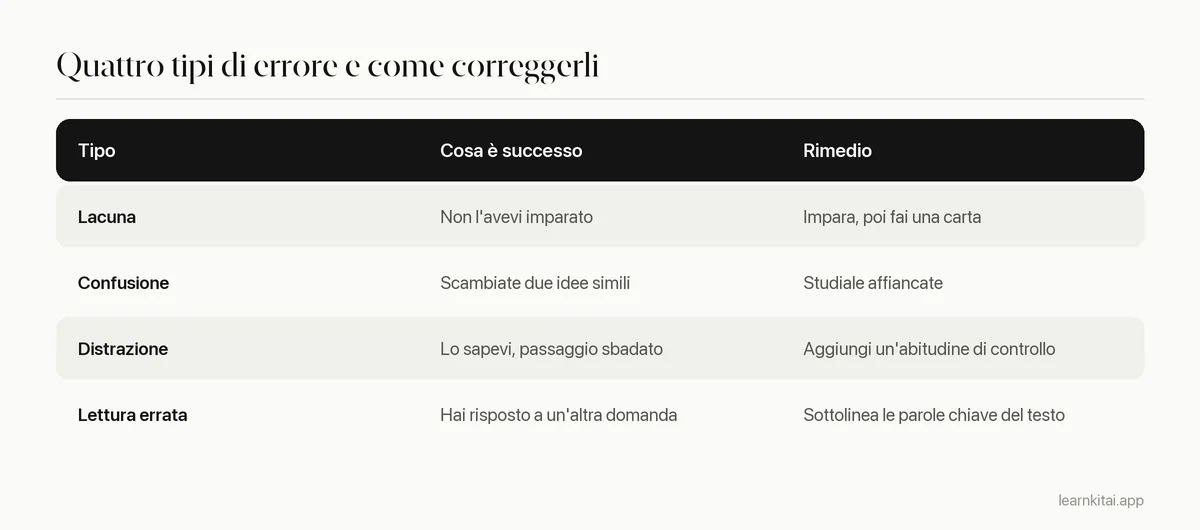 Quattro tipi di errore con una breve descrizione e il rimedio per ciascuno: lacuna, confusione, distrazione, lettura errata