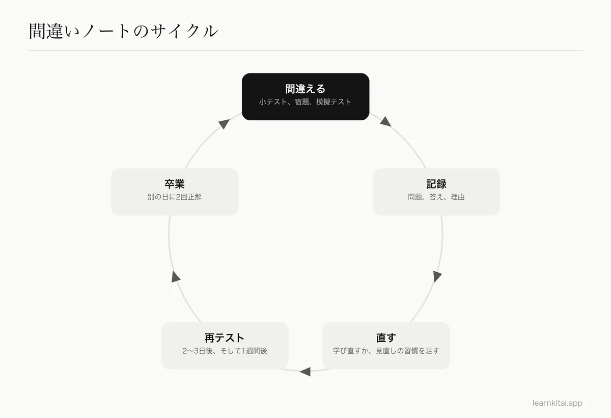 5つの段階の循環:問題を間違える、理由を書いて記録する、原因を直す、間隔をあけて再テストする、2回正解して卒業する