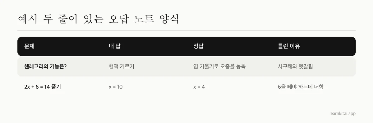 문제, 내 답, 정답, 틀린 이유 열이 있고 예시 두 줄이 채워진 오답 노트 양식 표