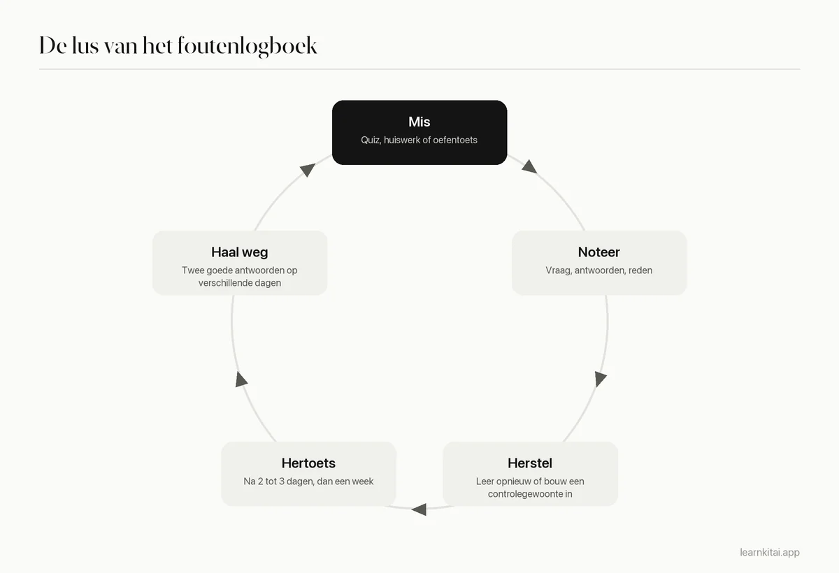Cyclus van vijf fasen: een vraag missen, noteren met een reden, de oorzaak herstellen, na een tussenpoos hertoetsen, weghalen na twee goede antwoorden