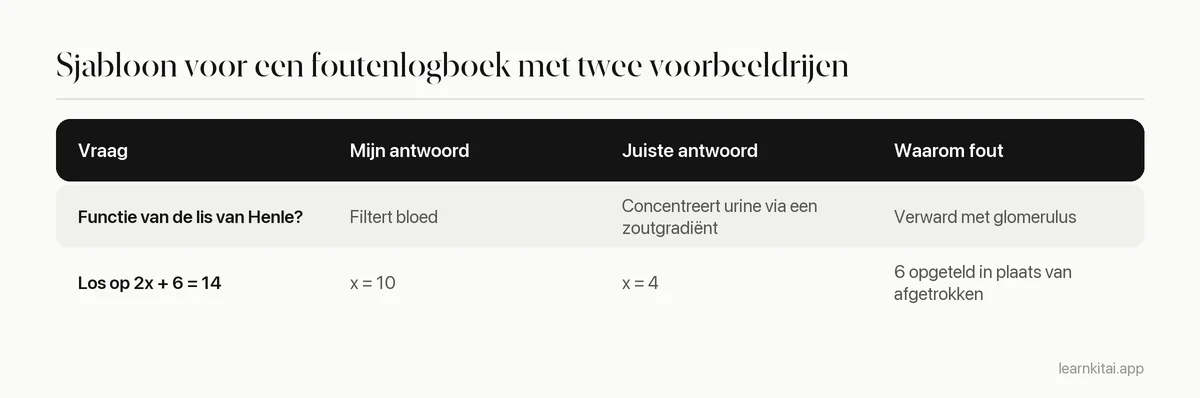 Sjabloontabel voor een foutenlogboek met kolommen voor de vraag, je antwoord, het juiste antwoord en de reden van de fout, met twee voorbeeldrijen