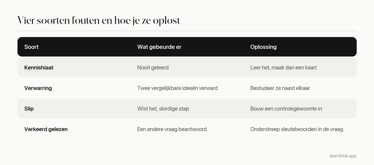 Vier soorten fouten met een korte beschrijving en de oplossing voor elk: kennishiaat, verwarring, slip, verkeerd gelezen