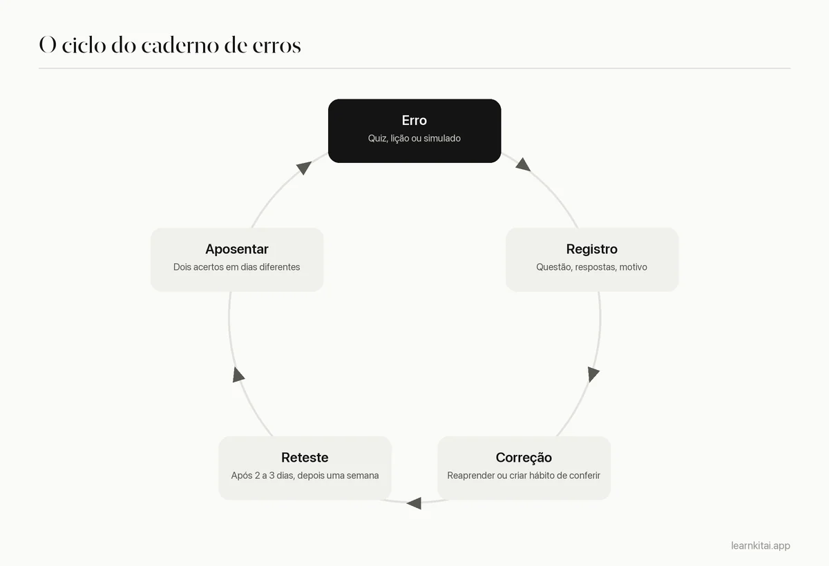 Ciclo de cinco etapas: errar uma questão, registrar com um motivo, corrigir a causa, refazer depois de um intervalo, aposentar após dois acertos