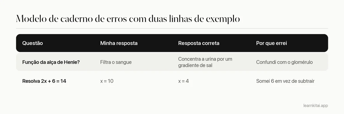 Tabela-modelo de caderno de erros com colunas para a questão, sua resposta, a resposta correta e o motivo do erro, com duas linhas de exemplo