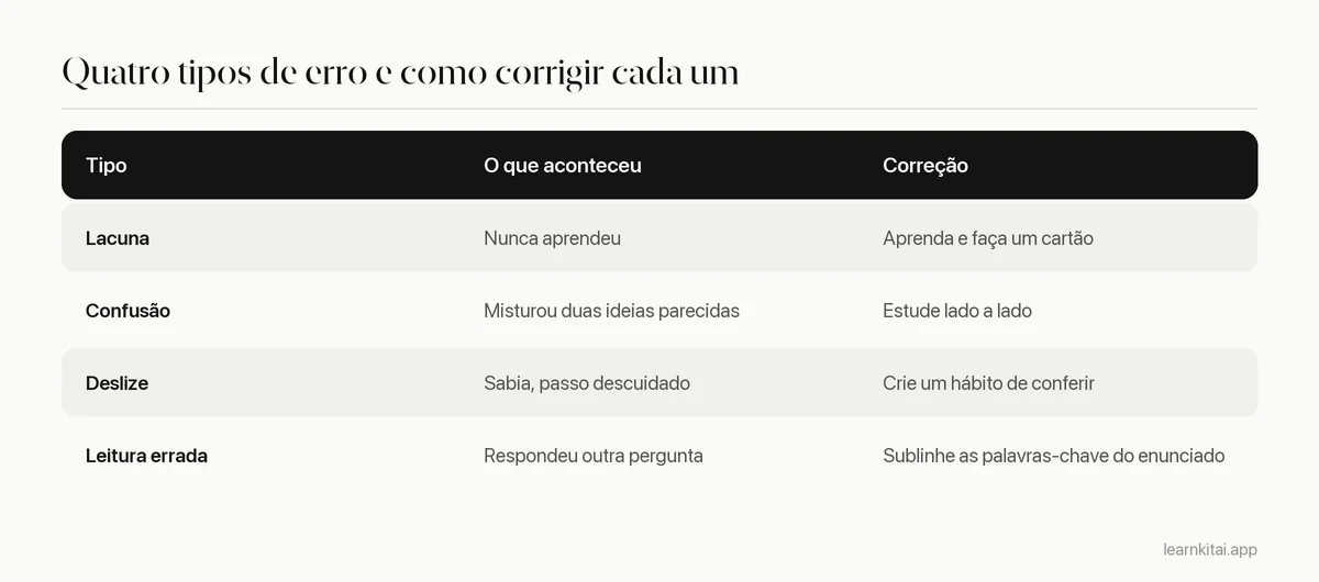 Quatro tipos de erro com uma descrição curta e a correção de cada um: lacuna de conhecimento, confusão, deslize, leitura errada