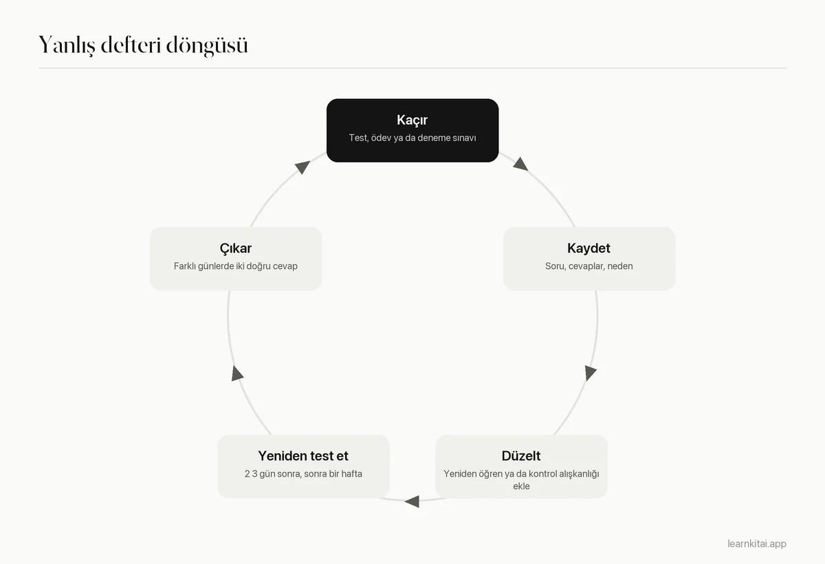 Beş aşamalı döngü: bir soruyu kaçır, nedenle kaydet, nedeni düzelt, bir aradan sonra yeniden test et, iki doğru cevaptan sonra çıkar