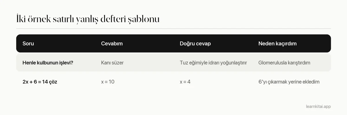 Soru, cevabın, doğru cevap ve kaçırma nedeni sütunları olan, iki örnek satırlı yanlış defteri şablonu tablosu