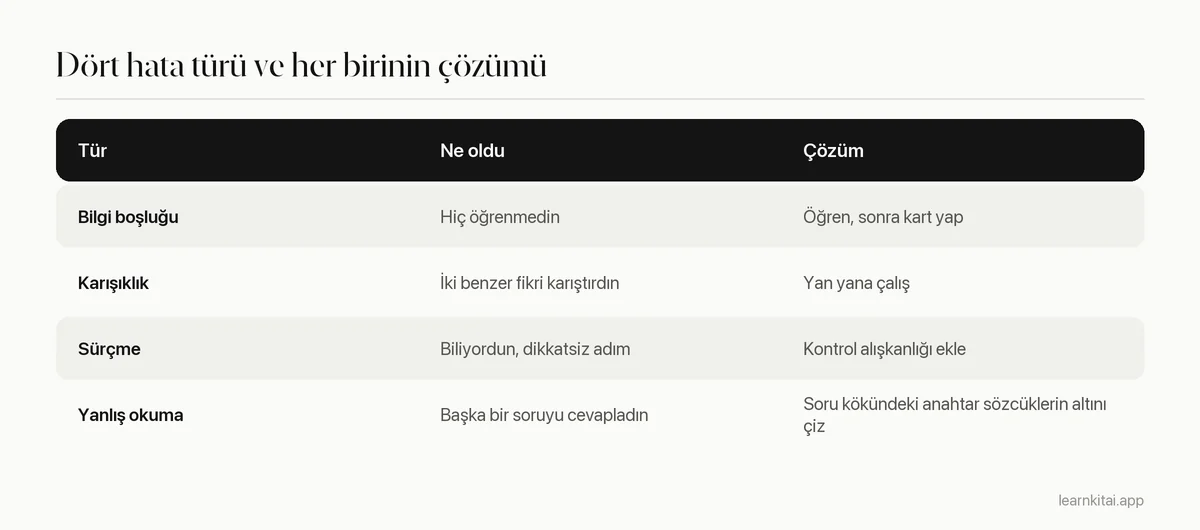 Kısa bir tanım ve her biri için çözümle dört hata türü: bilgi boşluğu, karışıklık, sürçme, yanlış okuma