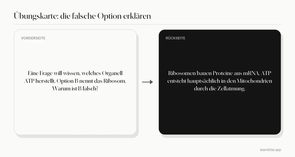 Beispiel einer Karteikarte, die fragt, warum ein Ablenker in einer Biologiefrage falsch ist, mit der Erklärung auf der Rückseite