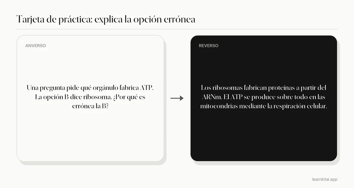 Ejemplo de flashcard que pregunta por qué es errónea una opción distractora en una pregunta de biología, con la explicación en el reverso