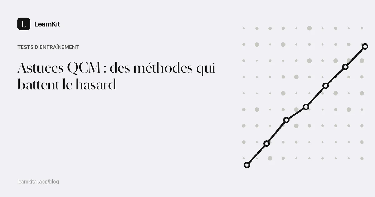 Le titre Astuces QCM : des méthodes qui battent le hasard sur un motif monochrome épuré