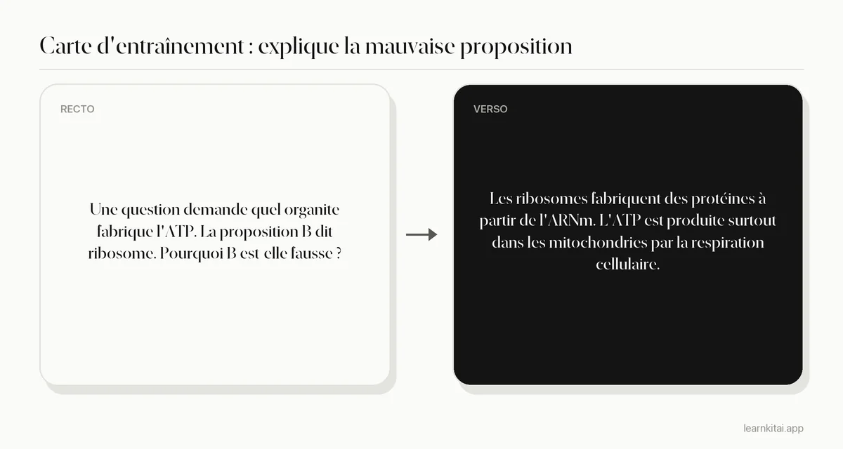 Exemple de flashcard demandant pourquoi un leurre d'une question de biologie est faux, avec l'explication au verso