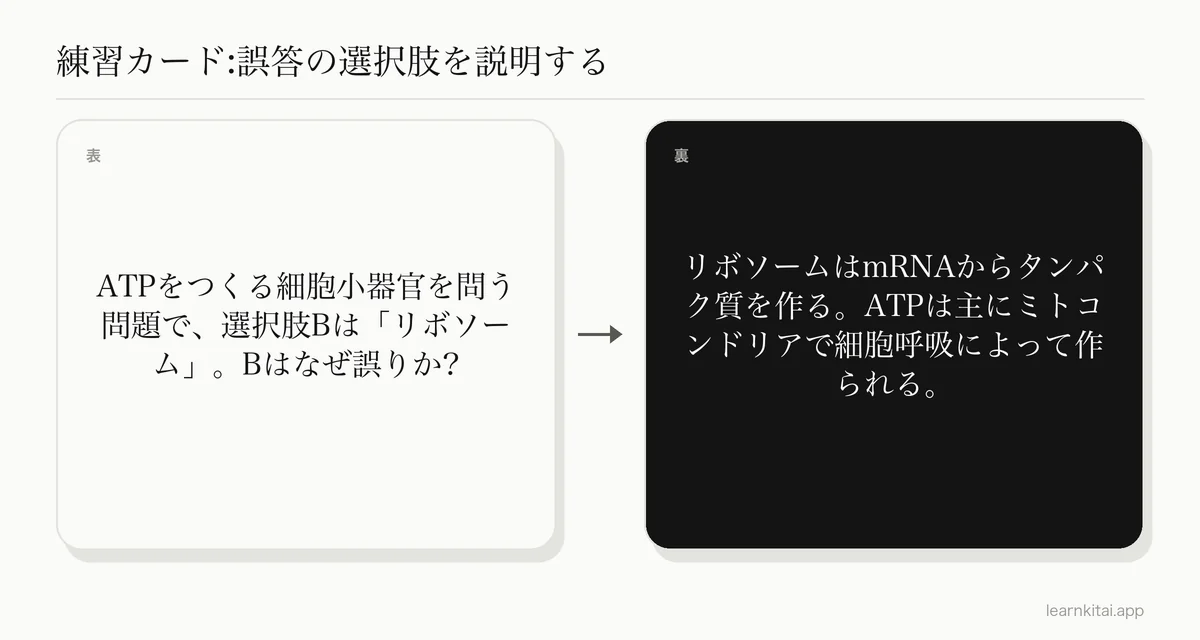 生物の問題で、ひっかけの選択肢がなぜ誤りかを尋ね、裏面に説明を載せた暗記カードの例