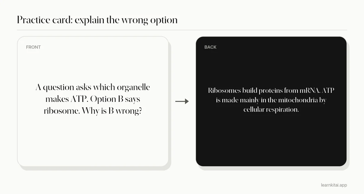 Example flashcard asking why a distractor in a biology question is wrong, with the explanation on the back