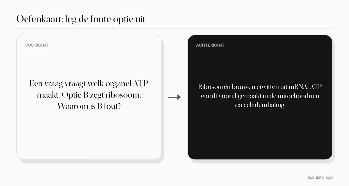 Voorbeeldflashcard die vraagt waarom een afleider in een biologievraag fout is, met de uitleg op de achterkant