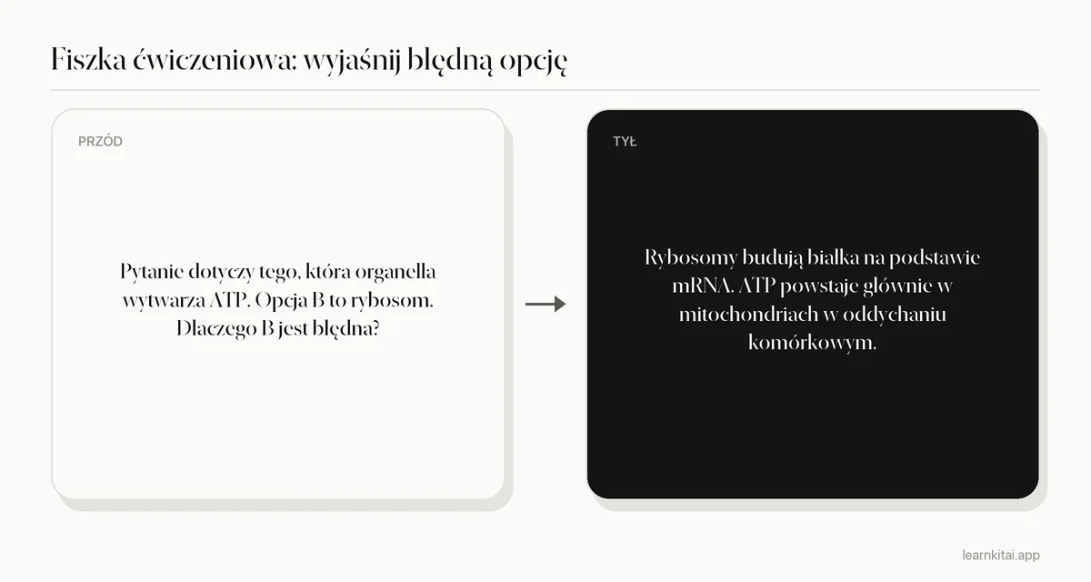 Przykładowa fiszka pytająca, dlaczego zmyłka w pytaniu z biologii jest błędna, z wyjaśnieniem na rewersie