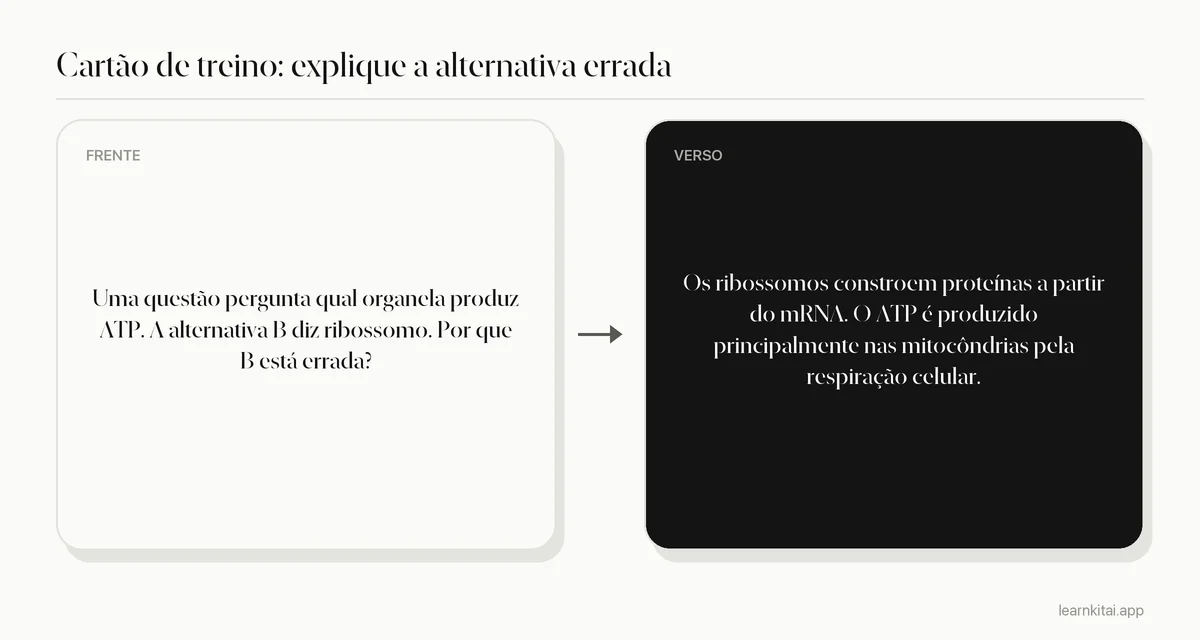 Exemplo de flashcard perguntando por que um distrator numa questão de biologia está errado, com a explicação no verso