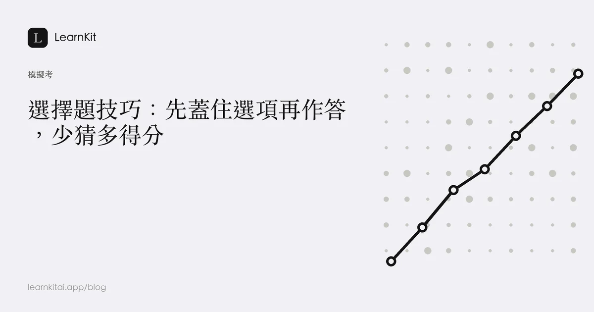 標題為「選擇題技巧:先蓋住選項再作答,少猜多得分」,背景為沉靜的單色圖紋