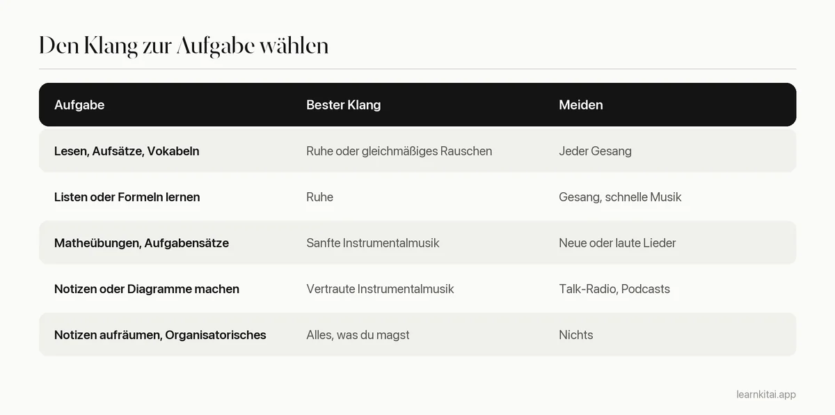 Tabelle, die Lernaufgaben der jeweils passenden Art von Musik oder Klang zuordnet