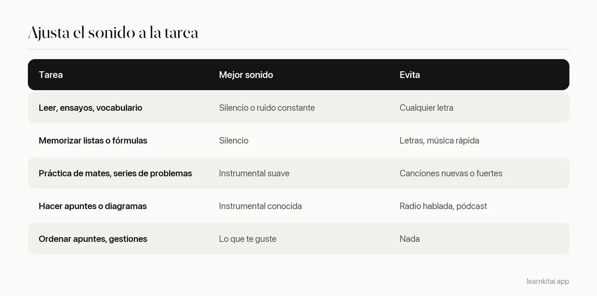 Tabla que asocia tareas de estudio con el tipo de música o sonido que encaja con cada una