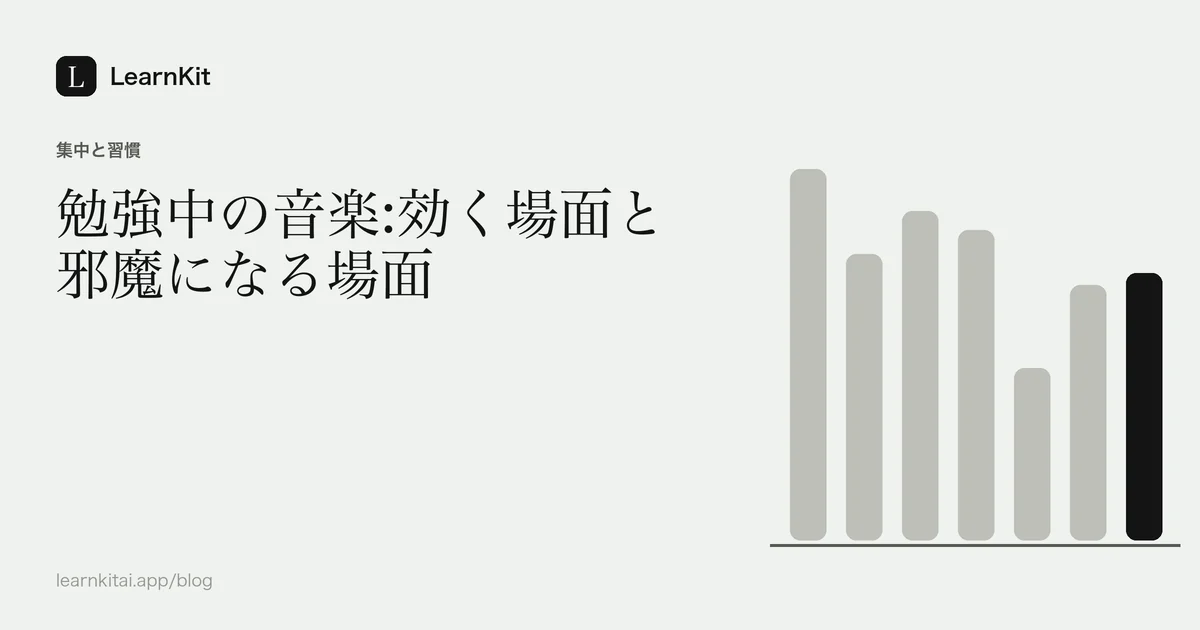 落ち着いたモノクロの模様の上に、タイトル「勉強中の音楽:効く場面と邪魔になる場面」を配置したカバー画像