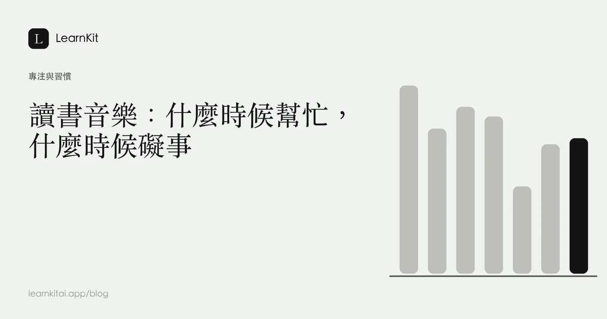 標題為「讀書音樂:什麼時候幫忙,什麼時候礙事」,背景為沉靜的單色圖紋