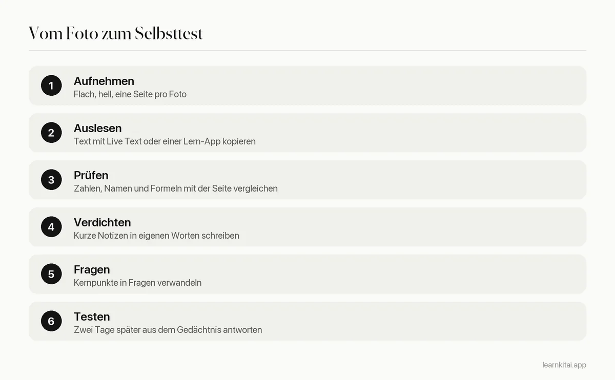 Sechs Schritte vom Fotografieren einer Seite bis zum Selbsttest an daraus gemachten Notizen