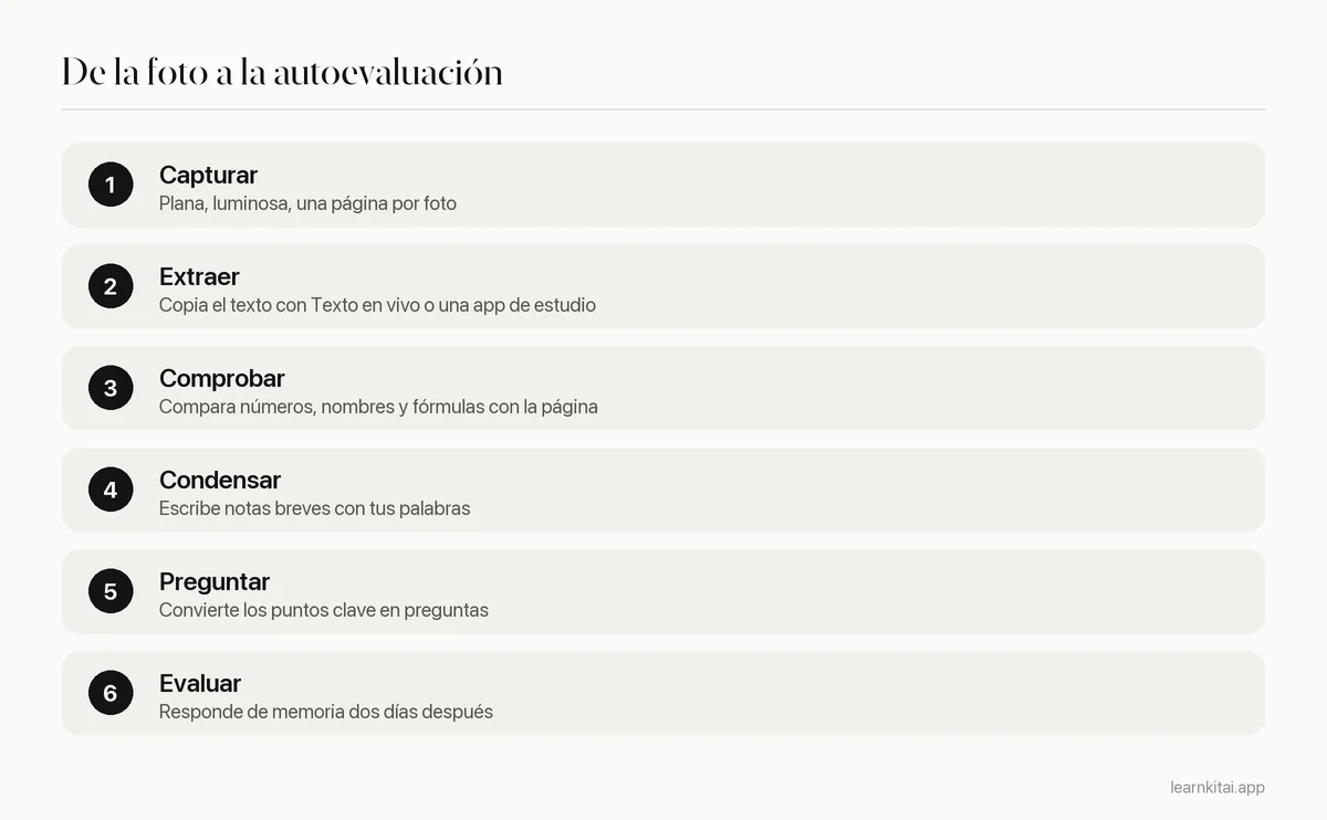 Seis pasos desde fotografiar una página hasta autoevaluarte con apuntes hechos a partir de ella