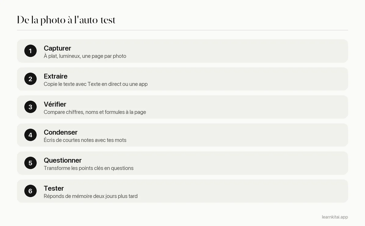 Six étapes, de la photo d'une page à l'auto-test sur les notes qui en sont tirées