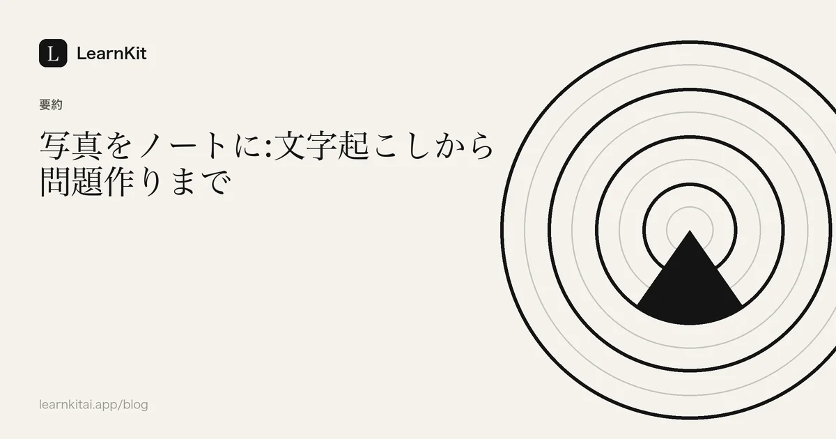 落ち着いたモノクロの模様の上に、タイトル「写真をノートに:文字起こしから問題作りまで」を配置したカバー画像