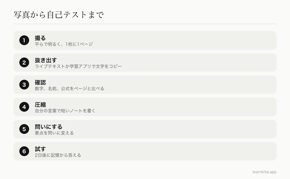 ページの撮影から、そのノートでの自己テストまでの6つの手順