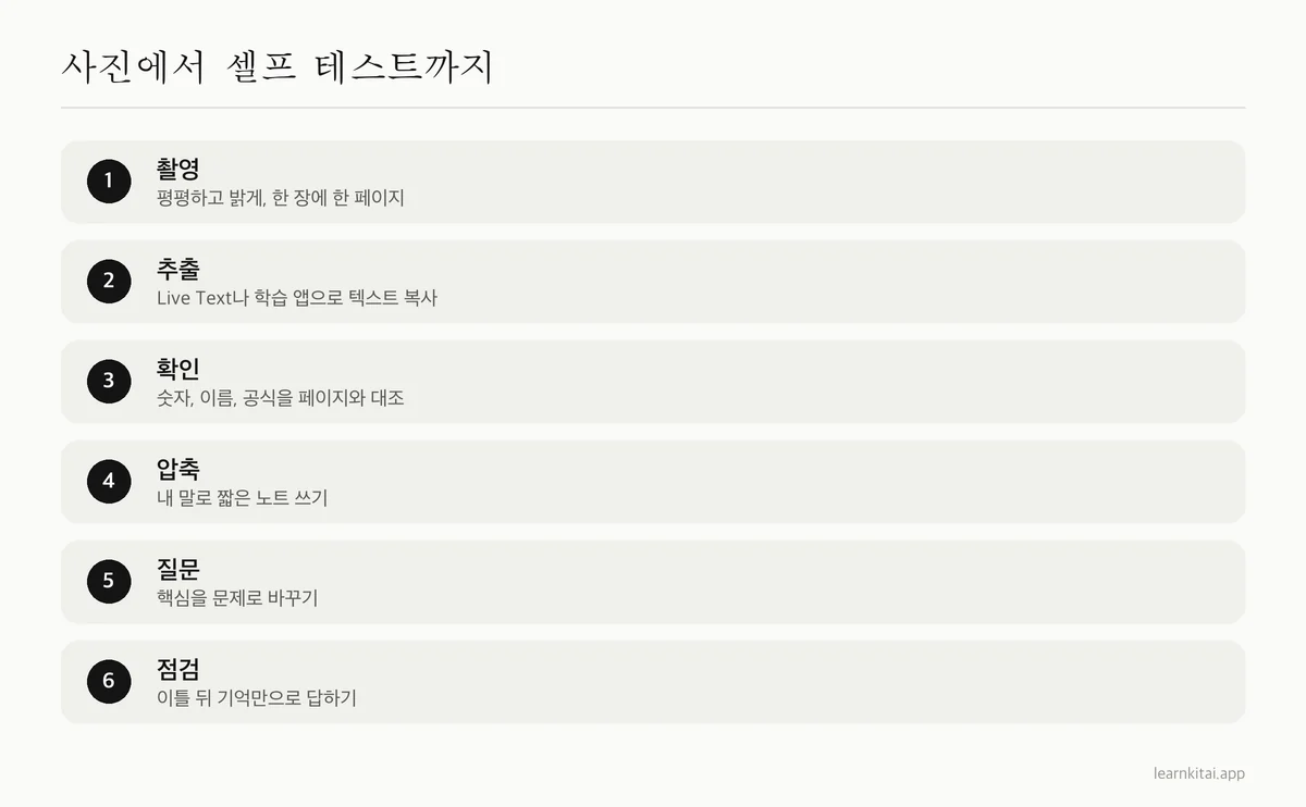 페이지 촬영부터 그것으로 만든 노트로 스스로 점검하기까지의 여섯 단계